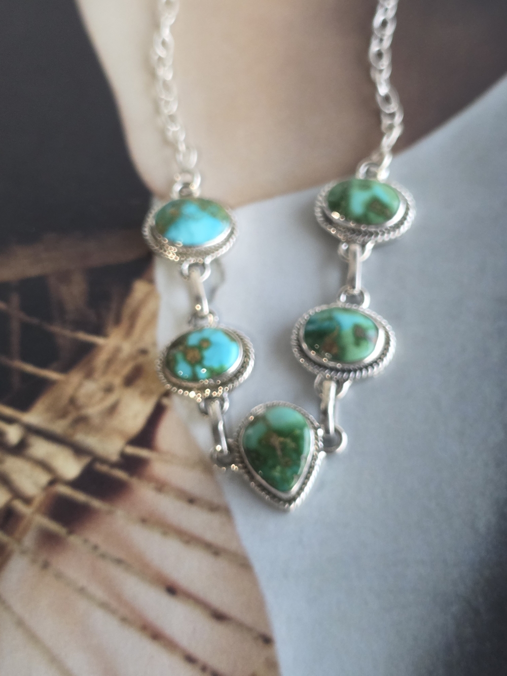 Turquoise Sonoran Mountain Stone Sterling Silver Chain - Picture 3 of 9